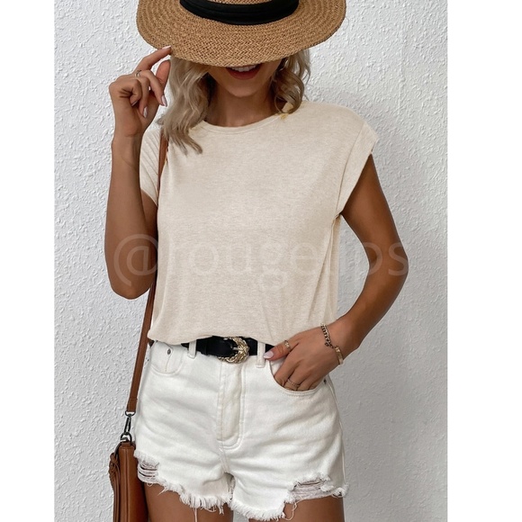 Beige Crew Neck Muscle Tee Top Shirt Cap Sleeve, Round Neck - Picture 6 of 11